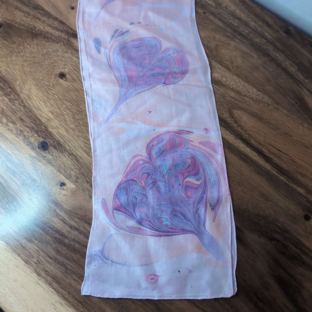Handmade Marbled Silk Scarf Pink Lavender Heart Print Hand Rolled Edges